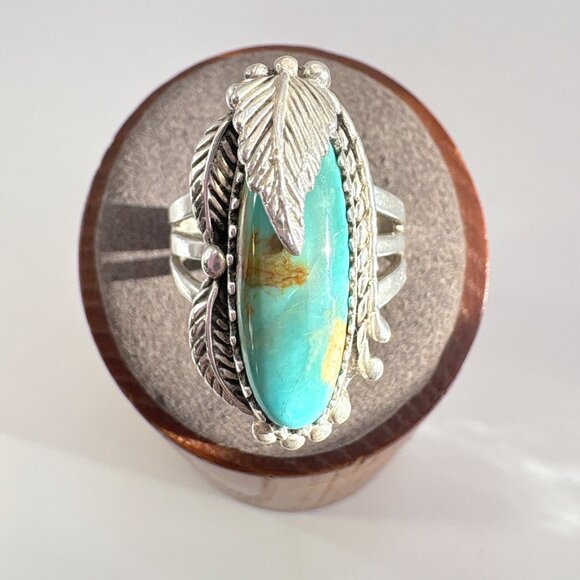 VTG Solid Sterling Silver 925 Turquoise Leaf Design Statement Ring Size 8.75 - Picture 1 of 8